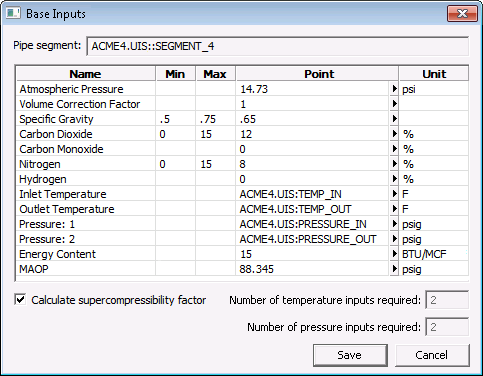 Base Inputs screen Base Inputs screen